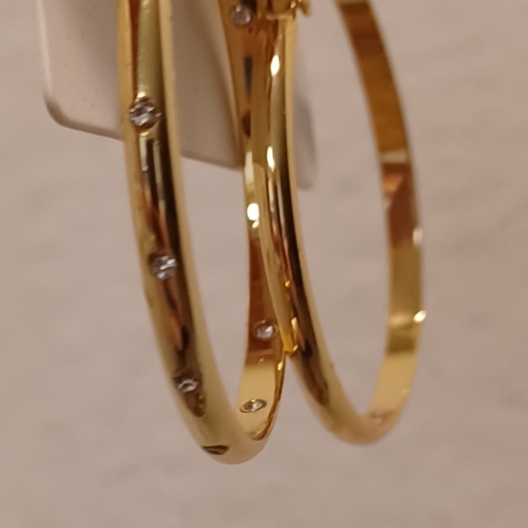 GOLD PLATED SIMPLE CLASSIC 1.75" HOOPS HOOP GOLD ROUND EARRINGS WITH CRYSTALS - Picture 4 of 7